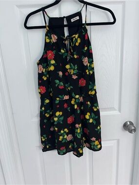 Lily Star Black Floral Halter Dress/Shorts Red & Yellow Blooms Lemons Size M